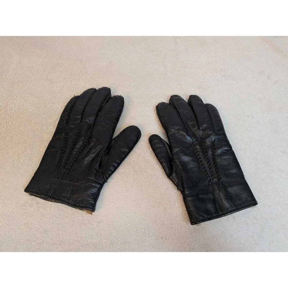 Vintage Leather Fur Lined Gloves‎ Black - Size Medium - Winter Warmth Luxury